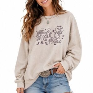 Sweet Claire Sweatshirt GIDDY UP COWGIRL Embroidery Large/XLarge Tan New